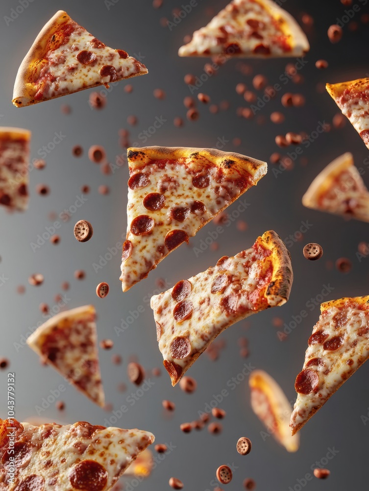 Poster delicious slices of pepperoni pizza soar diagonally, adding a playful touch and enticing viewers in 