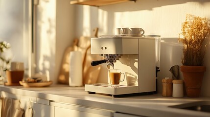 Modern Black Coffee Machine in a Stylish Kitchen with Cup - Sleek Home Appliance Closeup