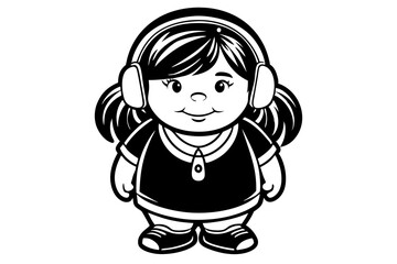  a chubby little girl listening to music with headphones isolated on a white background