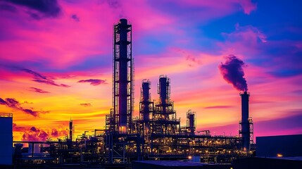 Obraz premium A large industrial plant with tall smokestacks silhouetted against a dramatic sunset sky. 