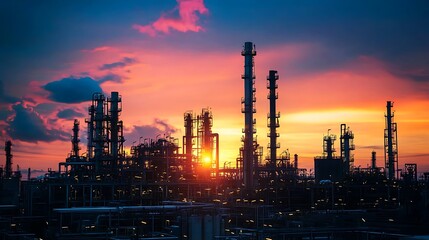 Fototapeta premium A silhouette of a large industrial complex with tall structures and pipes against a stunning sunset sky.