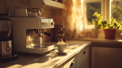 Modern Black Coffee Machine in a Stylish Kitchen with Cup - Sleek Home Appliance Closeup