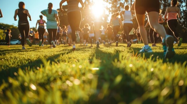A diverse group of individuals each with own different fitness goals come together for a outdoor boot camp session on a grassy . . - Powered by Adobe