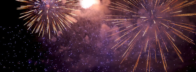 Banner Purple Firework celebrate anniversary happy new year 2025, 4th of july holiday festival. Banner Purple firework night time National holiday. Violet firework New year 2025 festival copy space