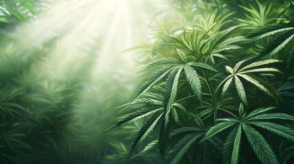 Obraz premium Lush green leaves illuminated by sunlight in a natural setting.