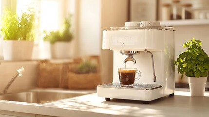 Modern Black Coffee Machine in a Stylish Kitchen with Cup - Sleek Home Appliance Closeup