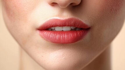 Dermatitis: Close-up of Woman's Red Lips with Lipstick and Beautiful Skin