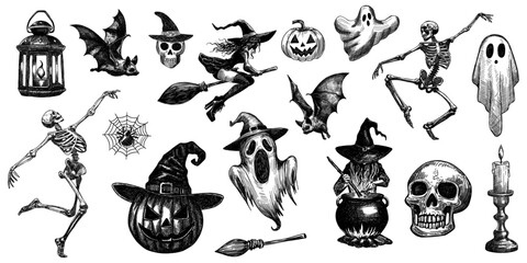 halloween set skeletons bats witch flying on broomstick stirring cauldron jack-o'-lantern pumpkin ghosts skulls spider web candle isolated hand drawn sketch various spooky elements collection