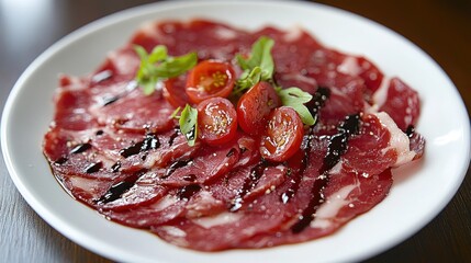 Obraz premium Thinly sliced cured meat with cherry tomatoes and balsamic glaze on a white plate.