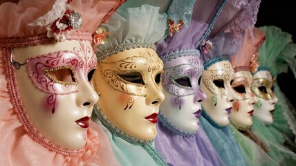 Colorful masks representing mystery and beauty, arranged in a row with delicate fabric background