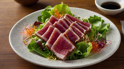 seared ahi tuna tataki salad on a plate. ai generative 