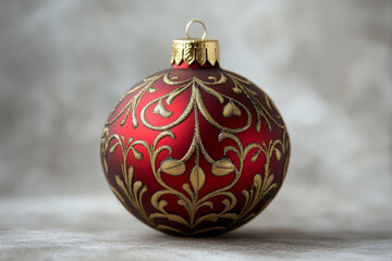 Close-up of a beautiful red and gold Christmas ornament, featuring intricate patterns