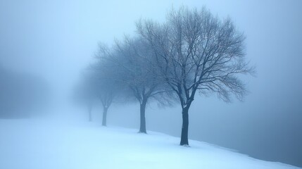 Fototapeta premium Three bare trees stand in a snowy field, enveloped in a thick fog.