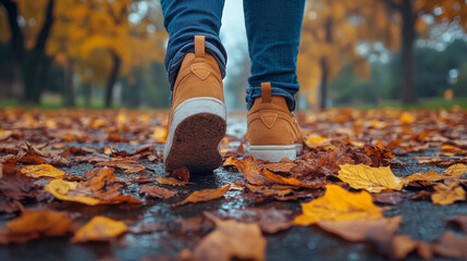 A person's feet in boots walk through a park covered in vibrant autumn leaves