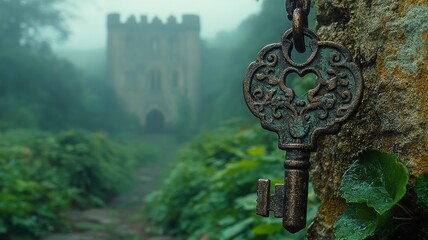 Rustic antique key hanging near an old stone castle in mist