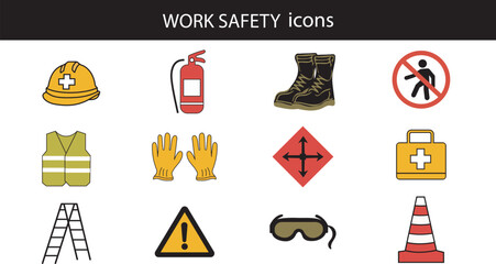 Work safety icons set. Vector illustration. Flat design. Safety equipment.