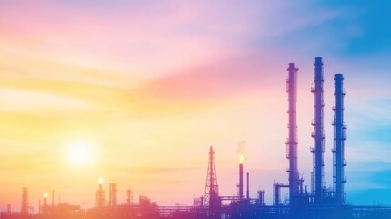 Obraz premium Industrial refinery silhouetted against a vibrant sunset sky, AI