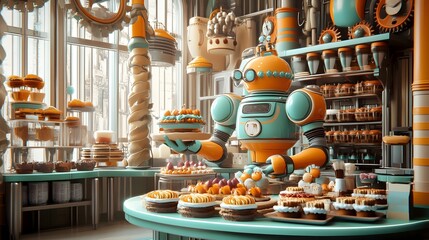 Vibrant Retro Kitchen with Colorful Cookware and Baked Goods Display
