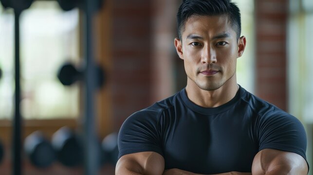 A confident portrait of an Asian personal trainer demonstrating exercises, highlighting expertise and professionalism