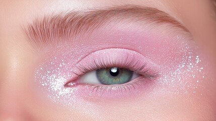 Close-up of eye with glittery pink eyeshadow and defined eyebrow