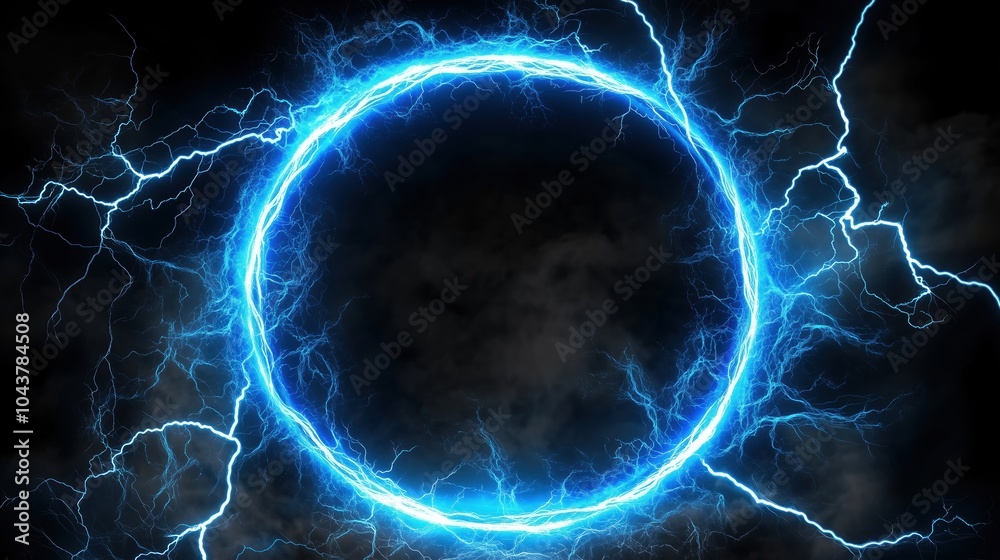 Poster Abstract blue lightning scene with a glowing circular frame on a dark backdrop, creating a fantastical world view. The high-resolution, high-quality, and high-detail render showcases cinematic lightin