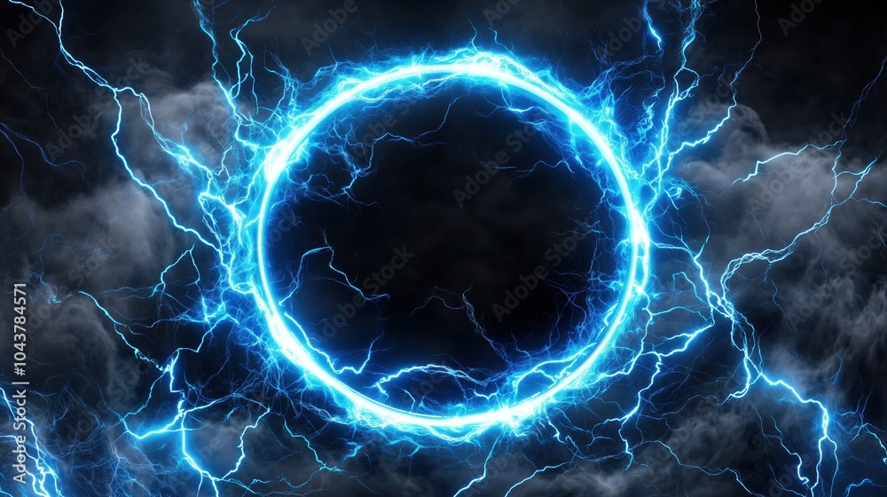 Poster Abstract blue lightning scene with a glowing circular frame on a dark backdrop, creating a fantastical world view. The high-resolution, high-quality, and high-detail render showcases cinematic lightin