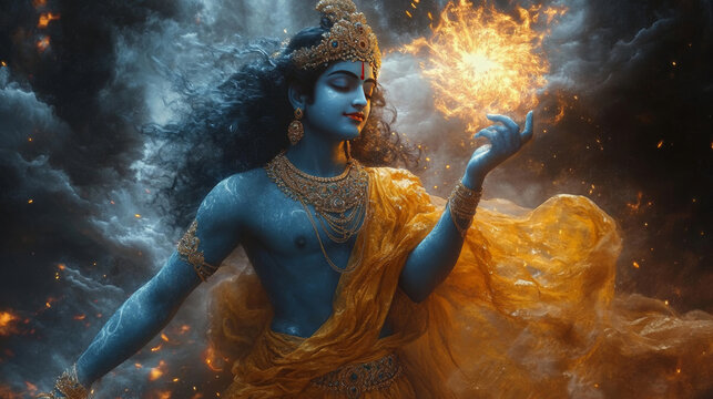 lord indian krishna creating an ethereal and spiritual vision. sudarshan chakra