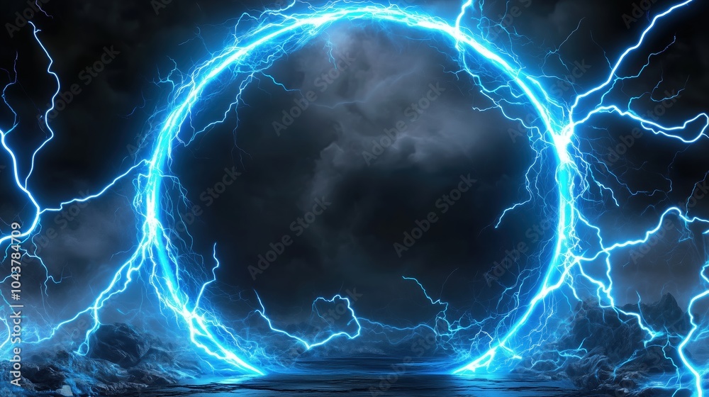 Aufkleber Abstract blue lightning scene with a glowing circular frame on a dark backdrop, creating a fantastical world view. The high-resolution, high-quality, and high-detail render showcases cinematic lightin