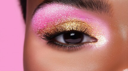 Glamorous close-up of glittery pink and gold eye makeup on vibrant pink background