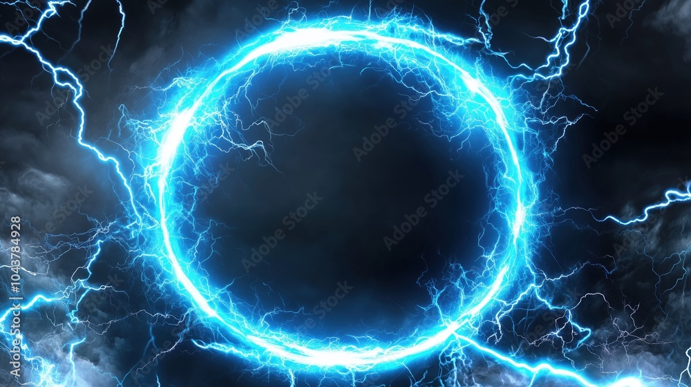 Poster Abstract blue lightning scene with a glowing circular frame on a dark backdrop, creating a fantastical world view. The high-resolution, high-quality, and high-detail render showcases cinematic lightin
