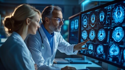 A doctor and a nurse are looking at a computer monitor displaying a brain scan