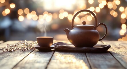 Fototapeta premium Traditional Tea Ceremony. Serene Atmosphere with Warm Lights in Rustic Setting