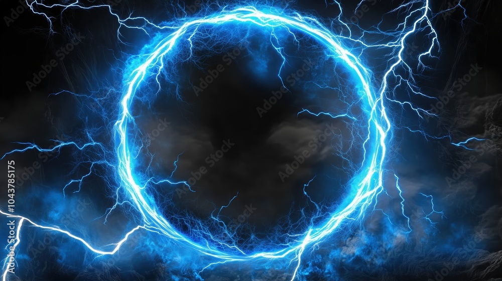 Poster abstract blue lightning scene with a glowing circular frame on a dark backdrop, creating a fantastic