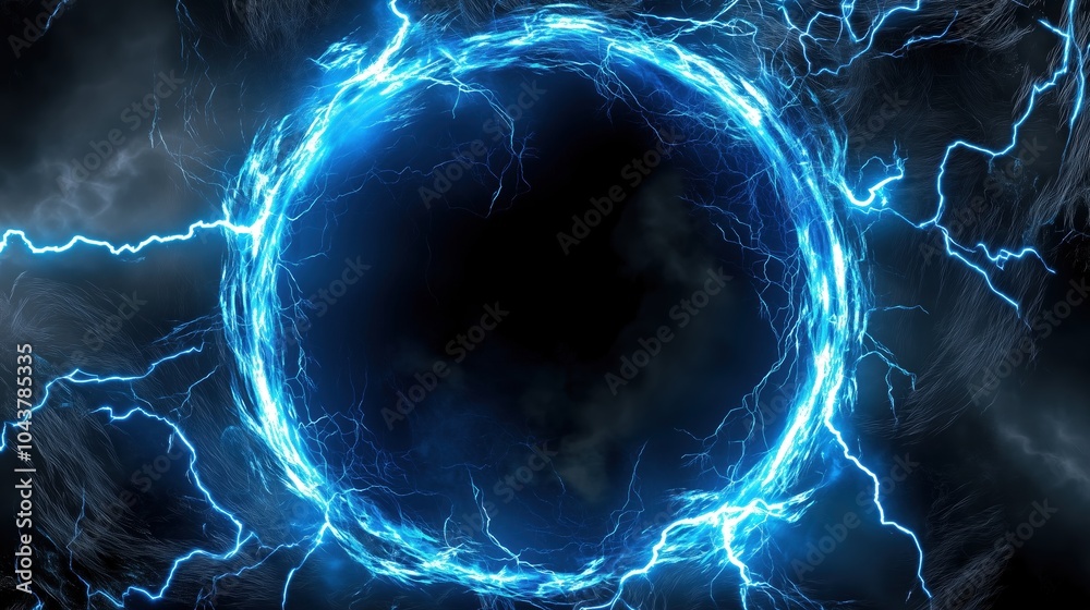 Poster abstract blue lightning scene with a glowing circular frame on a dark backdrop, creating a fantastic