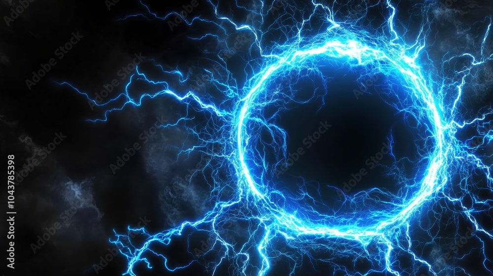 Poster abstract blue lightning scene with a glowing circular frame on a dark backdrop, creating a fantastic