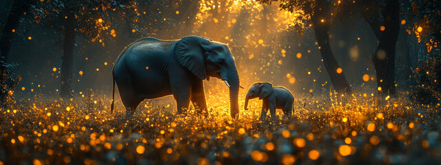 elephant with child elephant walking in glowing the forest