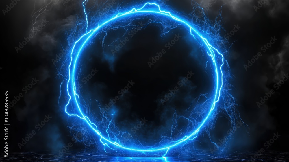 Poster Abstract blue lightning scene with a glowing circular frame on a dark backdrop, creating a fantastical world view. The high-resolution, high-quality, and high-detail render showcases cinematic lightin