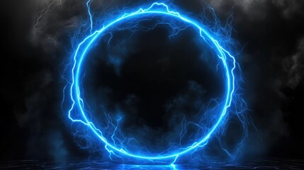 Abstract blue lightning scene with a glowing circular frame on a dark backdrop, creating a fantastical world view. The high-resolution, high-quality, and high-detail render showcases cinematic lightin