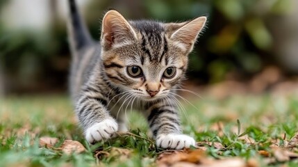 A playful kitten exploring grass in a natural setting.