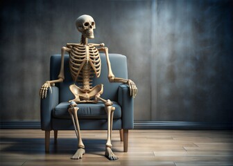 Waiting concept. Human skeleton sitting in armchair indoors