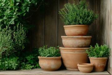 Tranquil Terracotta Pot Still Life - Earthy Greens Against Wooden Backdrop - Serene Botanical Arrangement for Home Decor