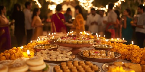 Vibrant diwali feast table surrounded by diyas and marigolds, celebrating with friends and family, Indian festival, banner