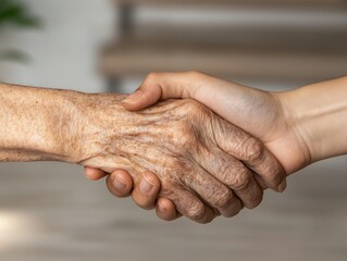 Intertwined Souls Tender Clasped Hands of Generations, Aging Connection Contrast on Blurred Background - Emotional Family Bonding Concept