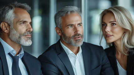 A detailed close-up of three professionals in business attire, deeply engaged in a conversation about business strategy inside a contemporary building. Their body language indicate