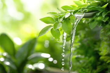Obraz premium Water dripping from green leaves in a lush garden during bright daylight