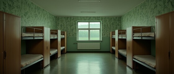 Tranquil Symmetry Serene Macro View of Green-themed Bunk Bed Room with Vintage Vibes