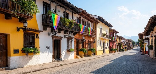 Fototapeta premium Charming Historic Town Street with Colorful Buildings and Cobblestones, Tranquil Countryside Setting, Festive Rainbow Flags, Traditional Architecture - Ideal for Travel Promotions and Art
