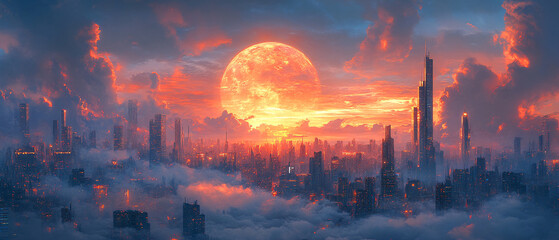 Fototapeta premium Futuristic Cityscape with Large Red Moon at Sunset