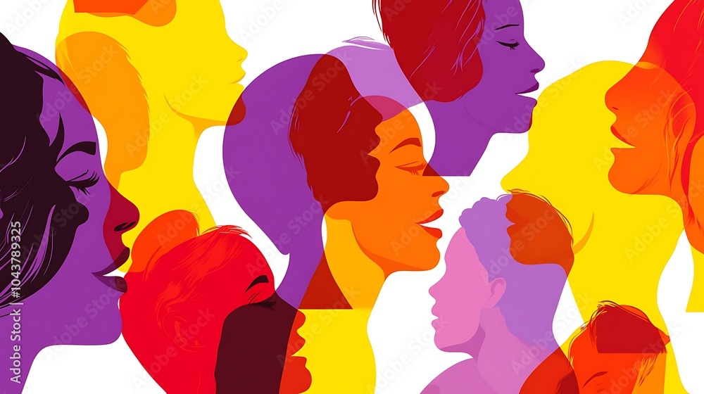 Poster colorful silhouettes of women's faces in profile, overlapping and creating a vibrant abstract patter