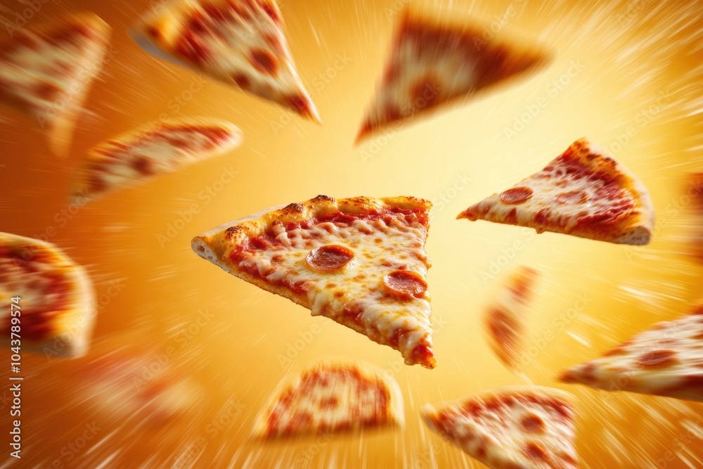 Poster large pizza slices soar diagonally in a bright setting, creating an energetic vibe perfect for food 